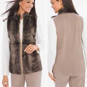 Chicos Zenergy Faux Fur Vest Size Large (2) Cashmere Cotton Zip Front Mobwife